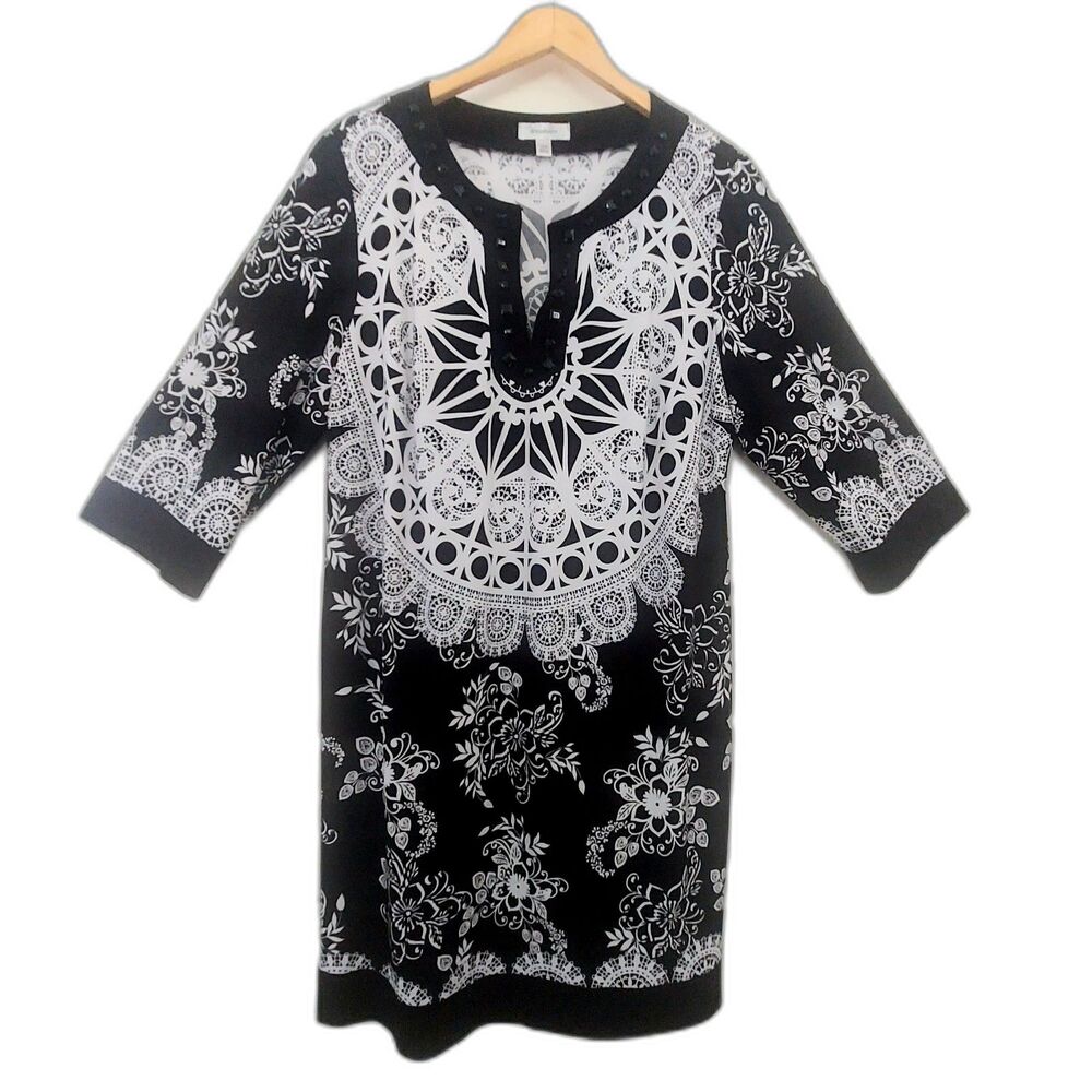 Dressbarn Black Shift Dress Size 14 W White Mandala V-Neck